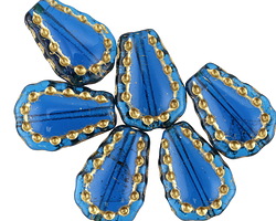 Czech Glass Capri Blue w/ Gold Lacy Teardrop 17x12mm