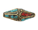 Nepalese Brass Rice Bead w/ Coral & Turquoise Mosaic Petals 35-38x14-15mm