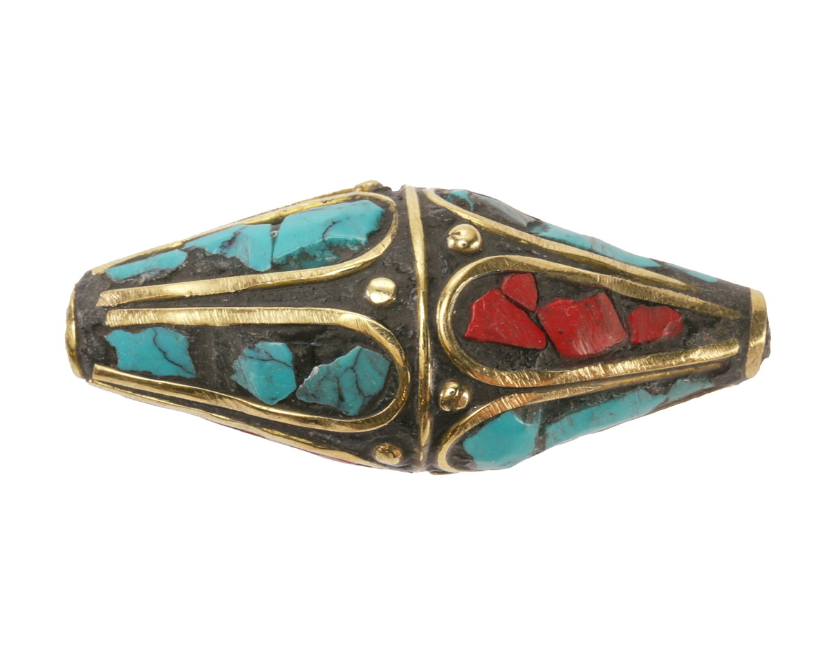 Nepalese Brass Rice Bead w/ Coral & Turquoise Mosaic Petals 35-38x14-15mm
