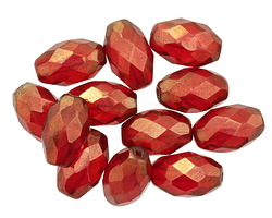 Czech Glass Ruby w/ Gold Luster Fire Polished Rice 12x8mm