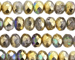 Czech Glass Etched Black Diamond AB w/ Gold Fire Polished Rondelle 6x8mm