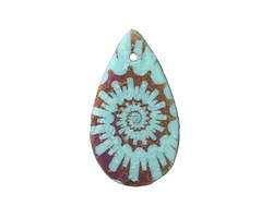 Czech Glass Laser Etched Ammonite on Textured Turquoise w/ Metallic Rainbow Finish Teardrop 18x30mm
