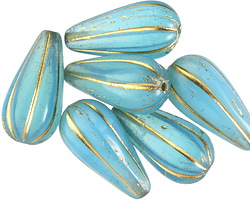 Czech Glass Matte Blue Opal Marble w/ Gold Melon Teardrop 22x11mm