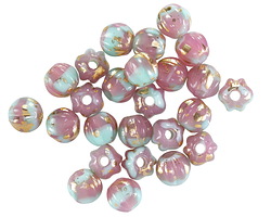 Czech Glass Desert Rose & Sky Blue w/ Gold Large Hole Melon Round 6mm