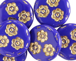 Czech Glass Cobalt w/ Gold Flower Trio Coin Bead 21mm