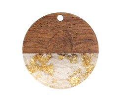 Walnut Wood & Alabaster Pearlescent in Clear w/ Gold Foil Resin Round Focal 28mm