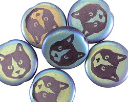 Czech Glass Laser Etched Tuxedo Cat on Jet AB Coin 17mm