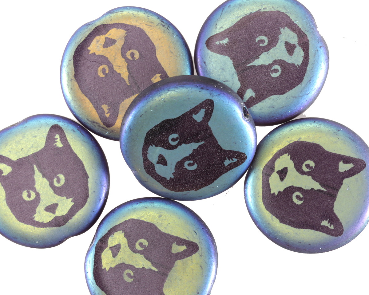 Czech Glass Laser Etched Tuxedo Cat on Jet AB Coin 17mm