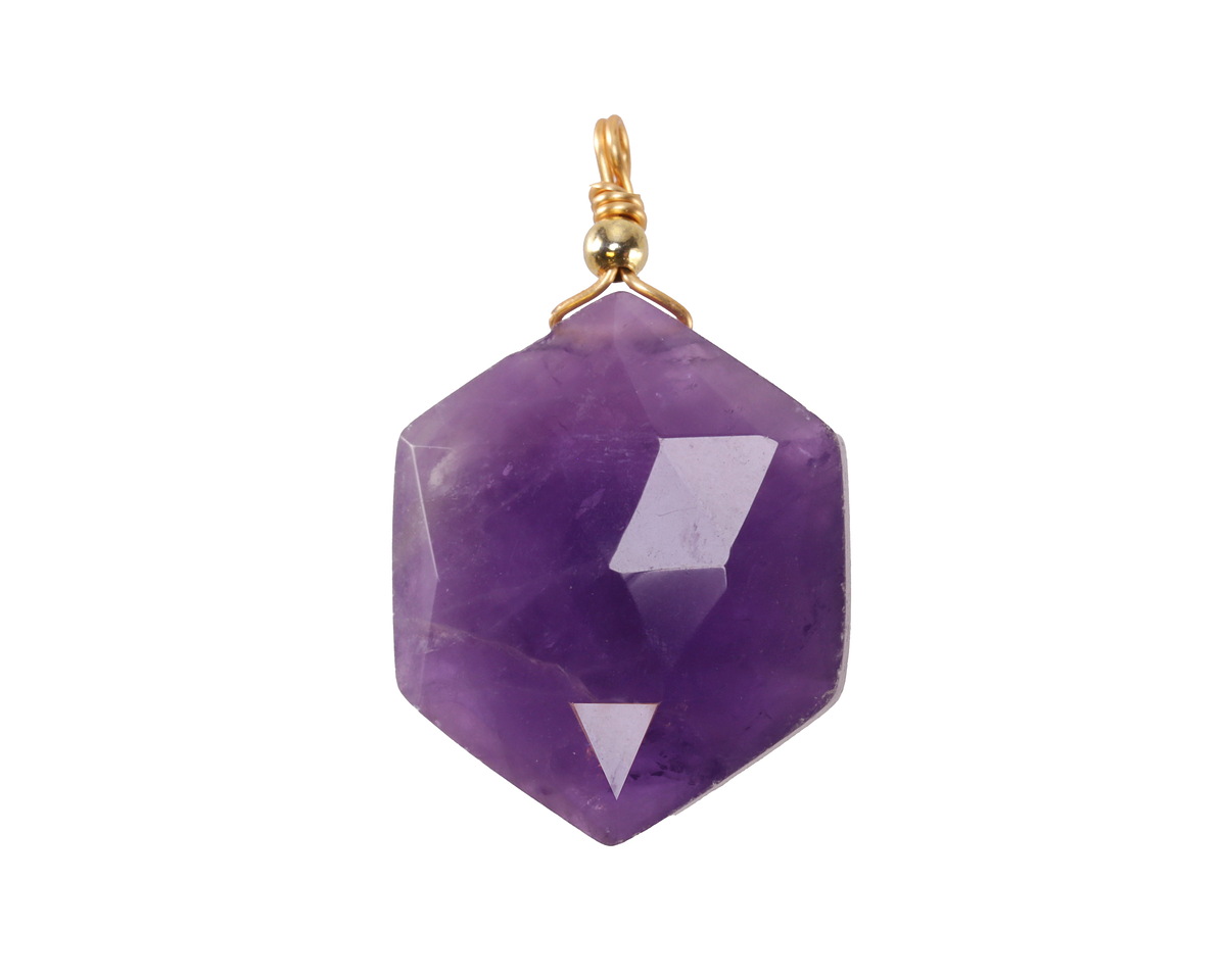 Amethyst Faceted w/ Gold Finish Hexagon Wire Wrapped Pendant 20x25mm
