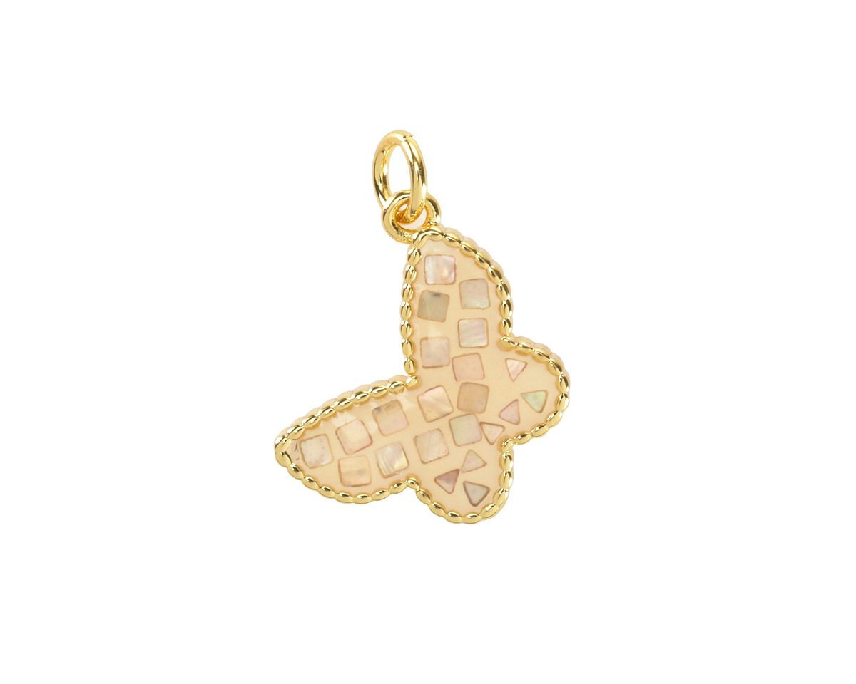 Mother of Pearl in White Enamel w/ Gold Finish Butterfly Pendant 13x16mm