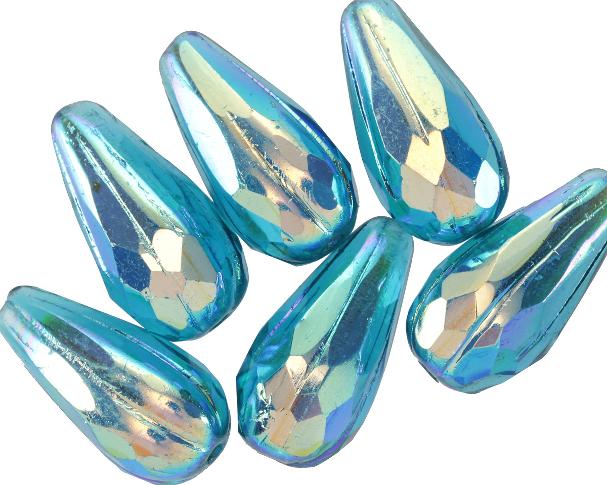 Czech Glass Teal AB Faceted Melon Teardrop 23x11mm