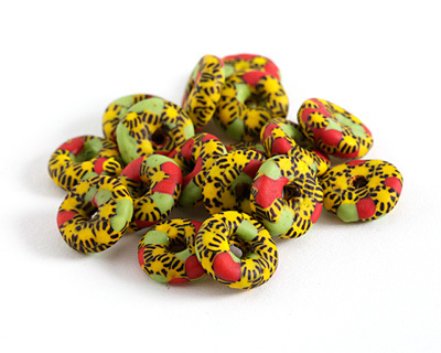African Recycled Glass & Seed Bead Yellow, Black, Red & Green Donut 4-6x13-15mm
