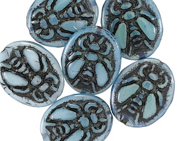 Czech Glass Blue Opal w/ Jet Bee Oval 22x18mm