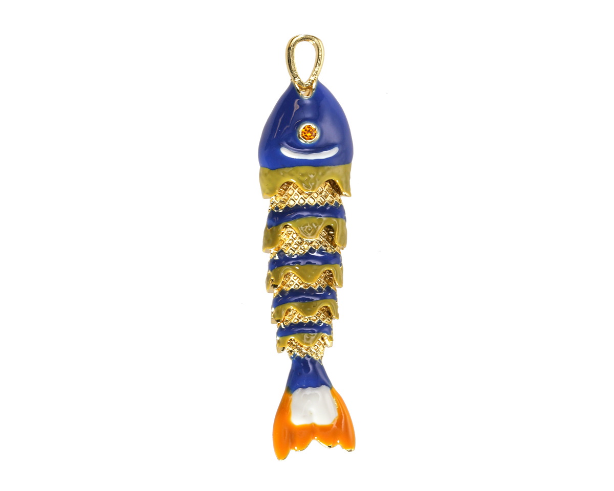 18k Gold (plated) Blue, Mustard, & Orange Enamel Articulated Fish Focal 10.5x46mm