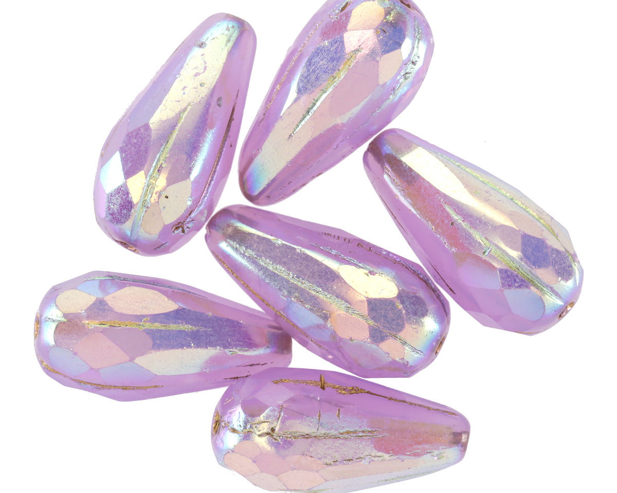 Czech Glass Lavender Opal AB w/ Gold Faceted Melon Teardrop 23x11mm