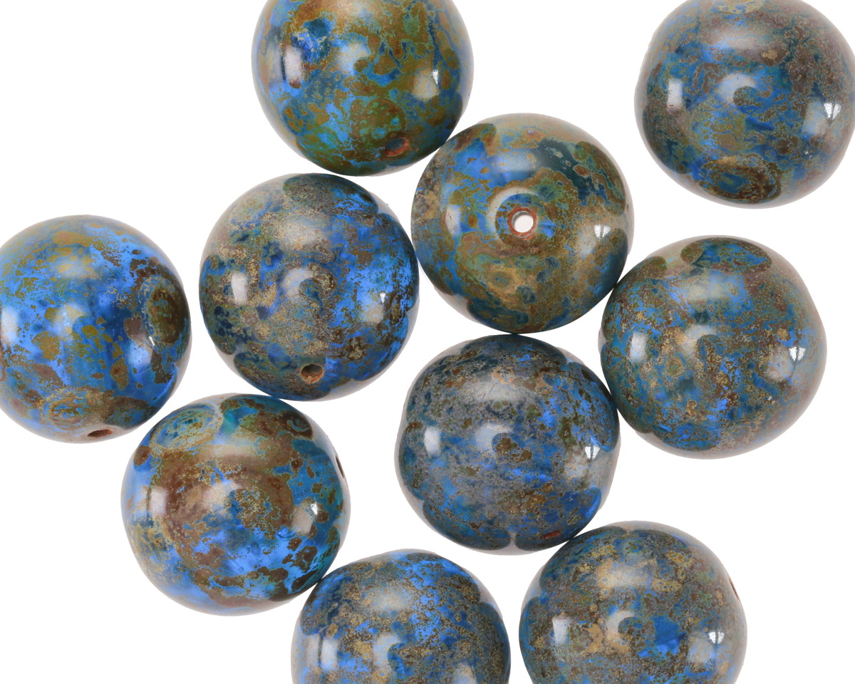Czech Glass Caribbean Blue Picasso Round Druk 12mm