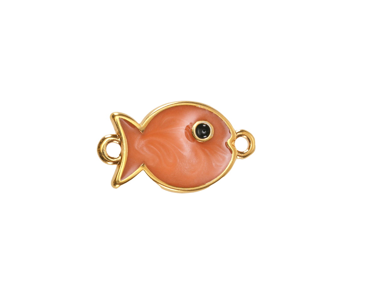 24K Gold (plated) Peach Pearl Enamel Fish Focal Link 19x11mm