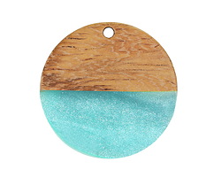 Walnut Wood & Sea Green Pearlescent Resin Round Focal 28mm