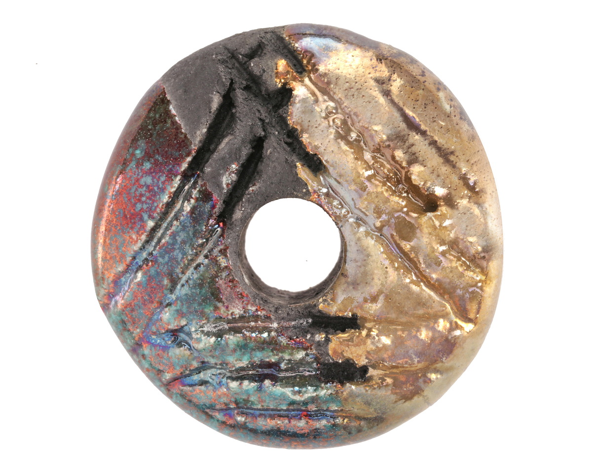 Mykonos Ceramic Iridescent Copper Patina Carved Triangles Donut Focal 40mm