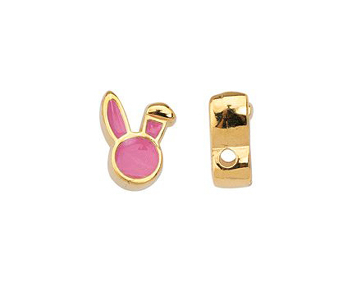 24K Gold (plated) Pink Enamel Cute Bunny Head Bead 9x12mm