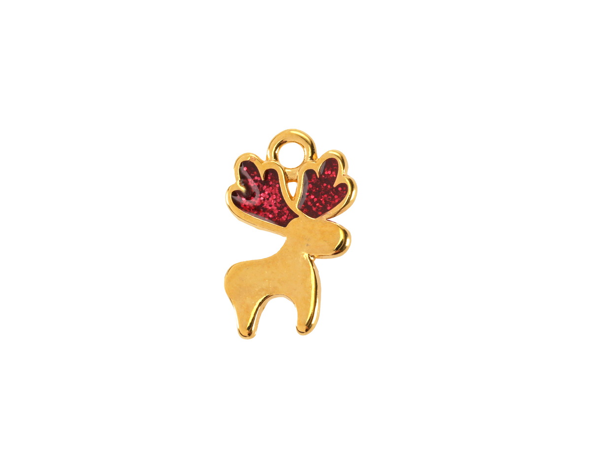 24K Gold (plated) Cherry Red Enamel w/ Glitter Reindeer Pendant 10x16mm