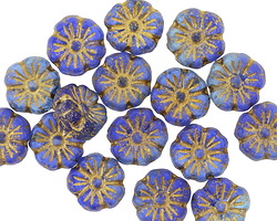 Czech Glass Etched Sky Blue & Sapphire w/ Gold Hibiscus Coin 10mm
