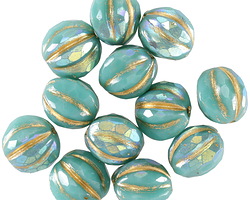 Czech Glass Turquoise AB w/ Gold Faceted Melon Round 10mm