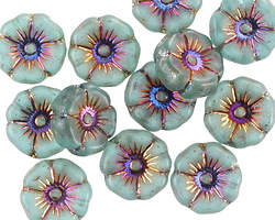 Czech Glass Matte Island Blue w/ Metallic Rainbow Hibiscus 12mm