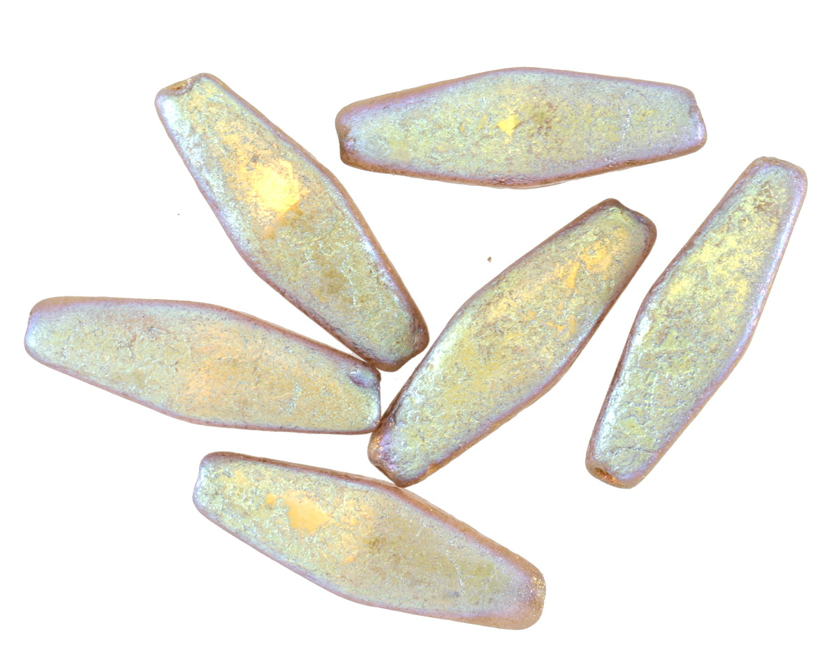 Czech Glass Textured Light Rose AB w/ Gold Rhombus 20x8mm