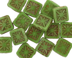 Czech Glass Wasabi Green Picasso Flower Window Square 10mm