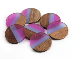 Walnut Wood & Plumeria Resin Banded Coin Focal 28mm