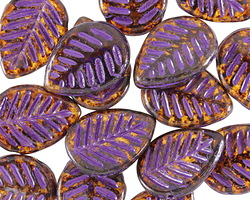 Czech Glass Amber Picasso w/ Purple Carved Leaf Drop 12x17mm