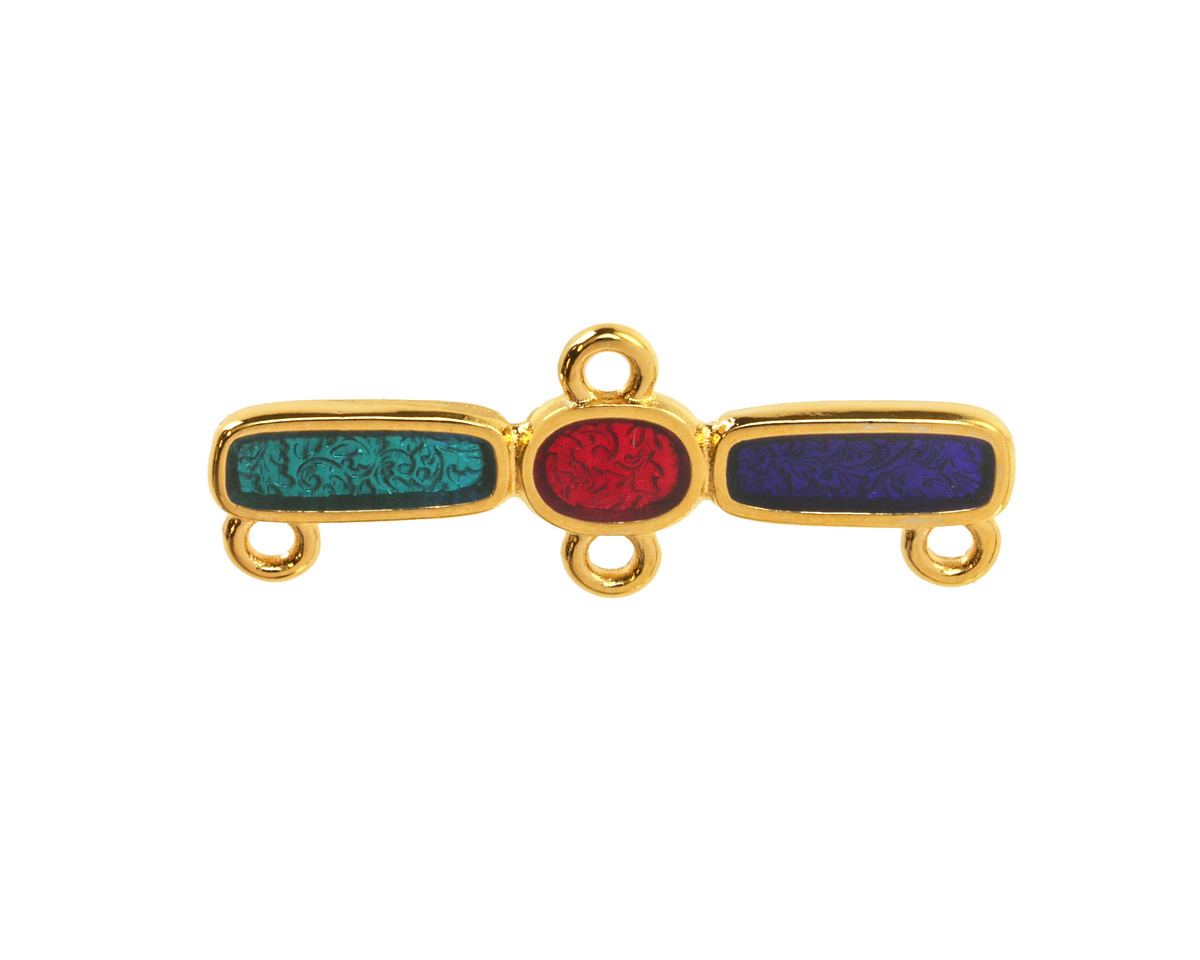 24K Gold (plated) Red, Green & Blue Transparent Enamel Oval & Rectangle 1:3 Focal Link 30x11mm