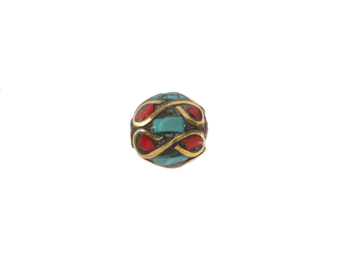 Nepalese Brass Infinity w/ Coral & Turquoise Mosaic Round Bead 10mm