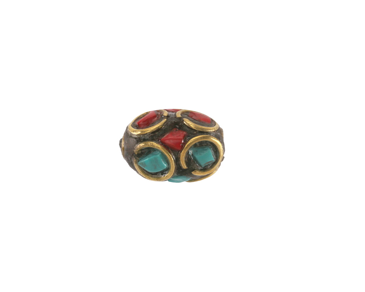 Nepalese Brass w/ Coral & Turquoise Mosaic in Rings Rice Bead 12x8mm