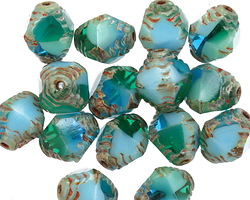 Czech Glass Aquamarine Waters Picasso Etched Bicone 10x8mm