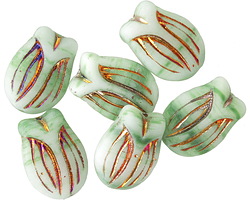 Czech Glass Matte Mint Swirl w/ Metallic Rainbow Tulip 16x12mm