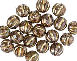 Czech Glass Bronzed Amber AB w/ Gold Faceted Melon Round 8mm