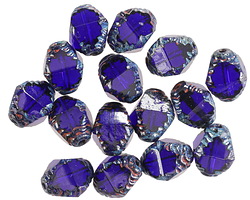 Czech Glass Sapphire Picasso Etched Bicone 10x8mm