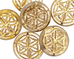 Czech Glass Crystal Picasso w/ Gold Flower of Life Geometry Coin 19mm