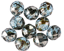 Czech Glass Teal & Black Swirl w/ Antique Silver Fire Polished Round 10mm