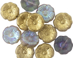 Czech Glass Etched Crystal AB w/ Gold Hibiscus Coin 12mm