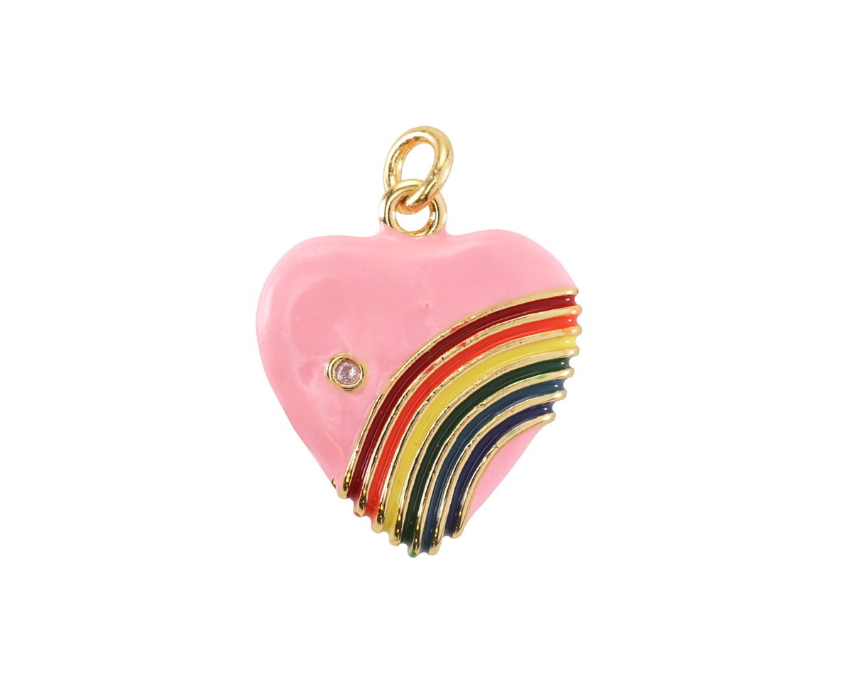 Rose Enamel w/ Rainbow & Gold Finish Heart Pendant 18x20mm