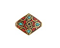 Nepalese Brass w/ Floral Turquoise & Coral Mosaic Diamond Focal Bead 20-21x17-18mm