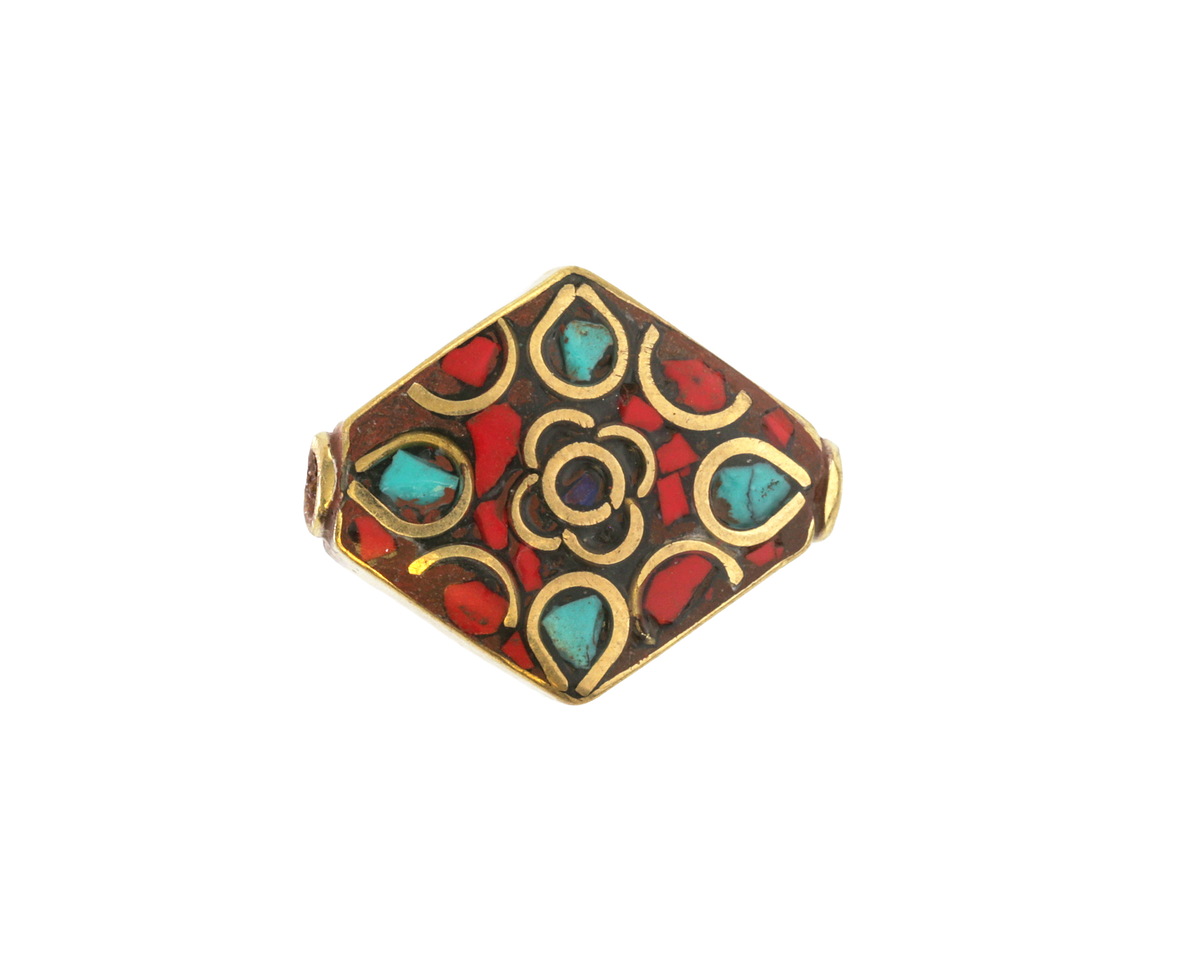 Nepalese Brass w/ Floral Turquoise & Coral Mosaic Diamond Focal Bead 20-21x17-18mm