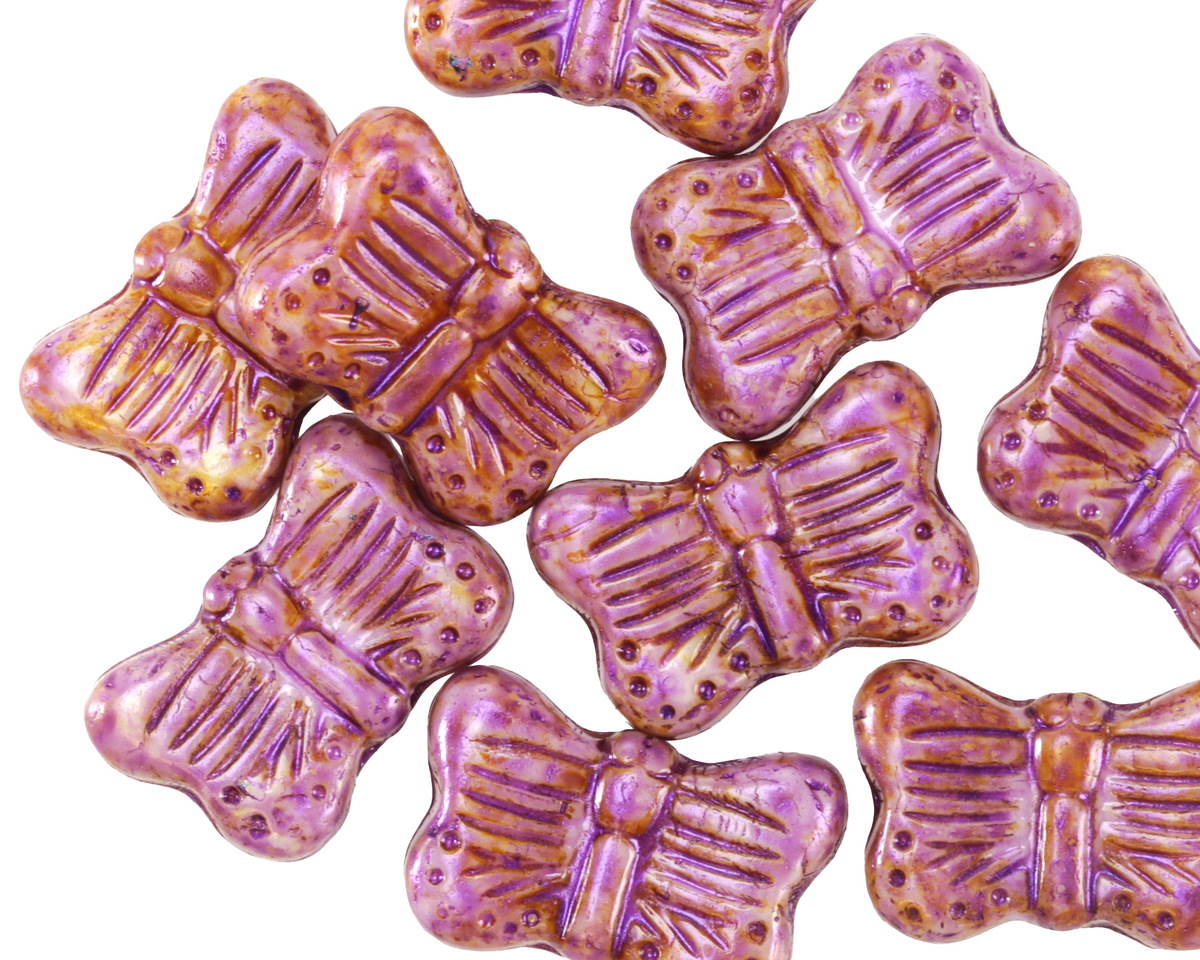 Czech Glass Bisque Picasso w/ Pink Stone Wash Butterfly 16x11mm