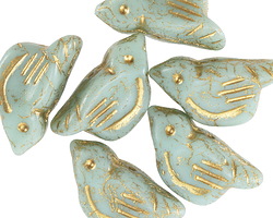 Czech Glass Sweet Mint w/ Gold Wash Bird 11x22mm