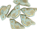 Czech Glass Sweet Mint w/ Gold Wash Bird 11x22mm