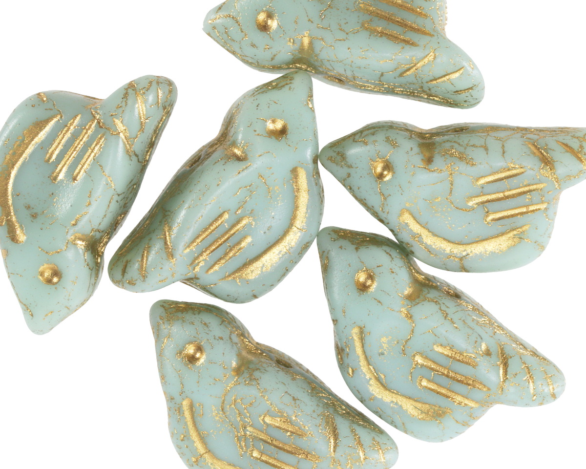 Czech Glass Sweet Mint w/ Gold Wash Bird 11x22mm