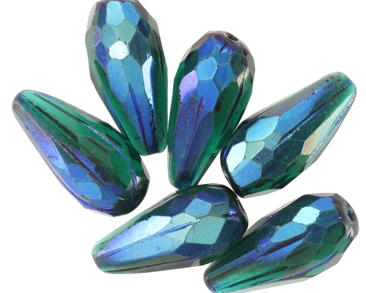 Czech Glass Matte Emerald AB w/ Cobalt Wash Faceted Melon Teardrop 23x11mm